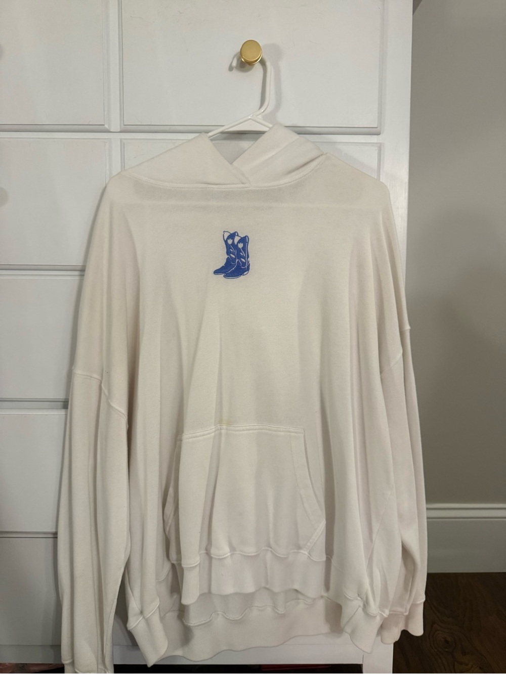 Hollister Cream Hoodie with Blue Boot Patch